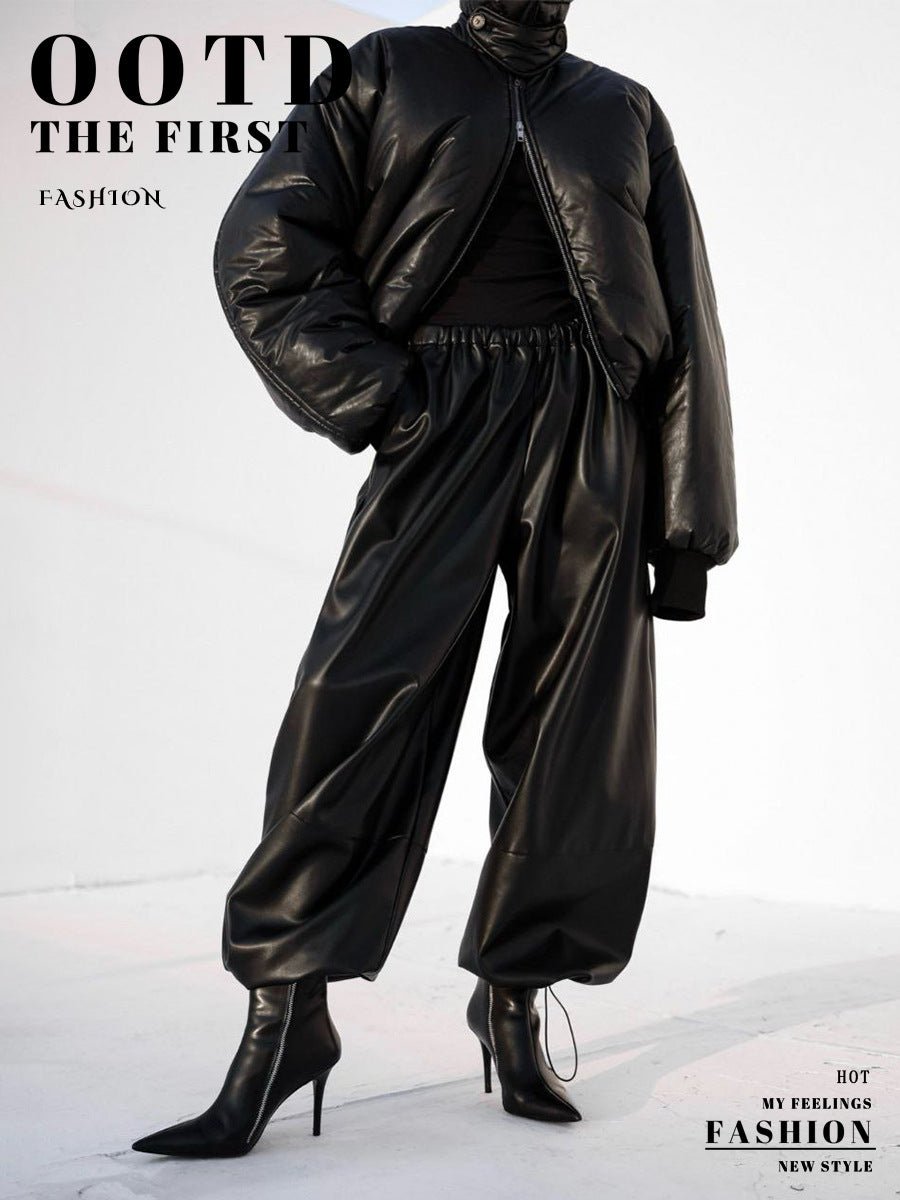 Women’s PU Leather Wide - Leg Pants | Street Hipster Style Low - Waist Trousers | Trendy Drawstring Faux Leather Pants – Autumn 2025 Collection - Negative Apparel