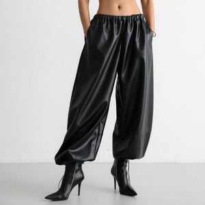 Women’s PU Leather Wide - Leg Pants | Street Hipster Style Low - Waist Trousers | Trendy Drawstring Faux Leather Pants – Autumn 2025 Collection - Negative Apparel