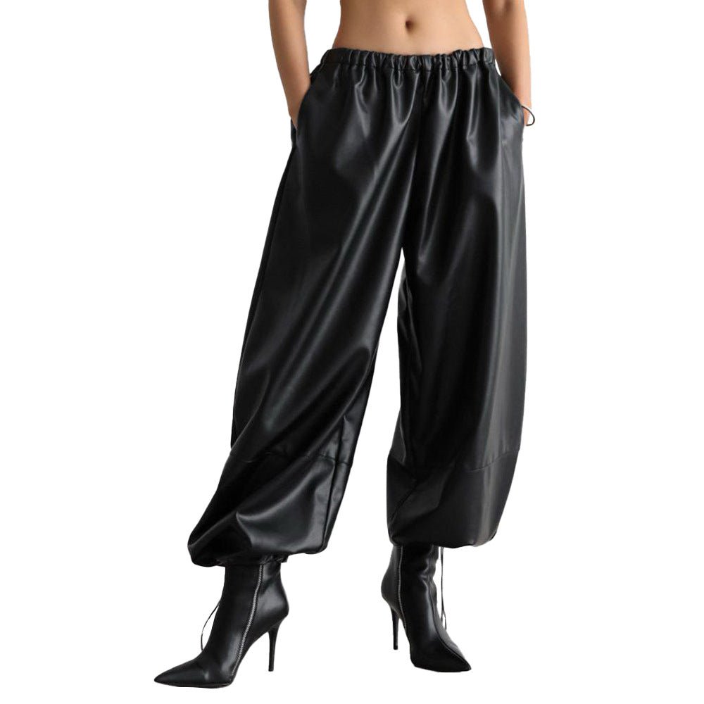 Women’s PU Leather Wide - Leg Pants | Street Hipster Style Low - Waist Trousers | Trendy Drawstring Faux Leather Pants – Autumn 2025 Collection - Negative Apparel