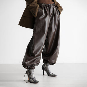 Women’s PU Leather Wide - Leg Pants | Street Hipster Style Low - Waist Trousers | Trendy Drawstring Faux Leather Pants – Autumn 2025 Collection - Negative Apparel