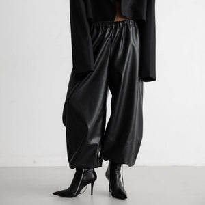 Women’s PU Leather Wide - Leg Pants | Street Hipster Style Low - Waist Trousers | Trendy Drawstring Faux Leather Pants – Autumn 2025 Collection - Negative Apparel