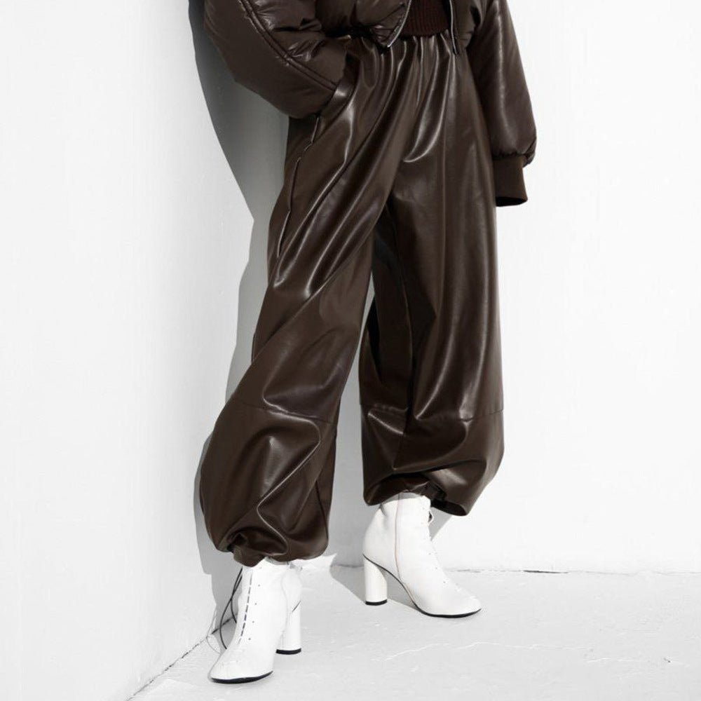 Women’s PU Leather Wide - Leg Pants | Street Hipster Style Low - Waist Trousers | Trendy Drawstring Faux Leather Pants – Autumn 2025 Collection - Negative Apparel