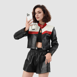 Women’s Red PU Leather Jacket – Short Stand Collar Moto Style | Street Fashion Autumn 2025 - Negative Apparel