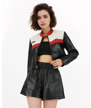 Women’s Red PU Leather Jacket – Short Stand Collar Moto Style | Street Fashion Autumn 2025 - Negative Apparel