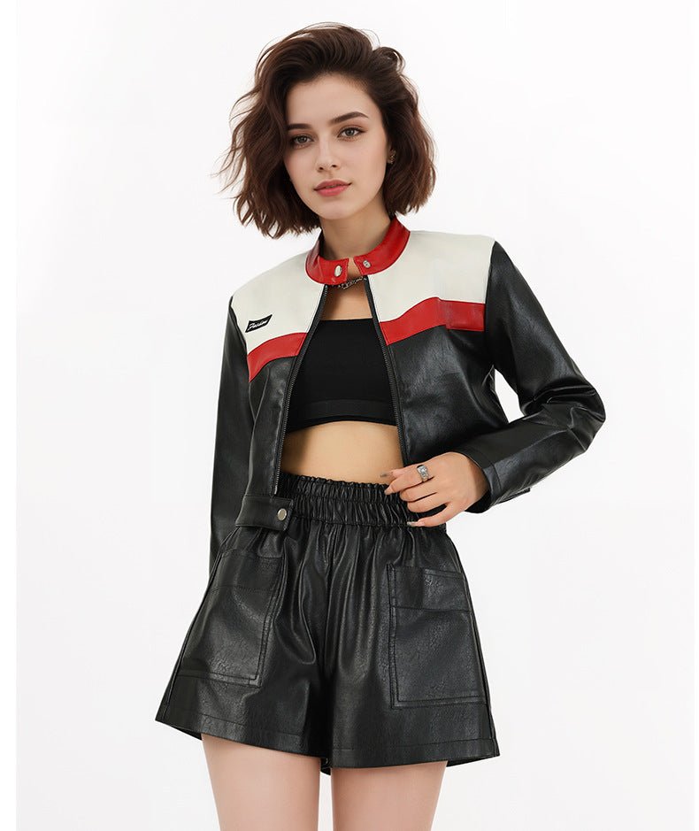 Women’s Red PU Leather Jacket – Short Stand Collar Moto Style | Street Fashion Autumn 2025 - Negative Apparel