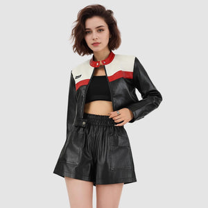 Women’s Red PU Leather Jacket – Short Stand Collar Moto Style | Street Fashion Autumn 2025 - Negative Apparel