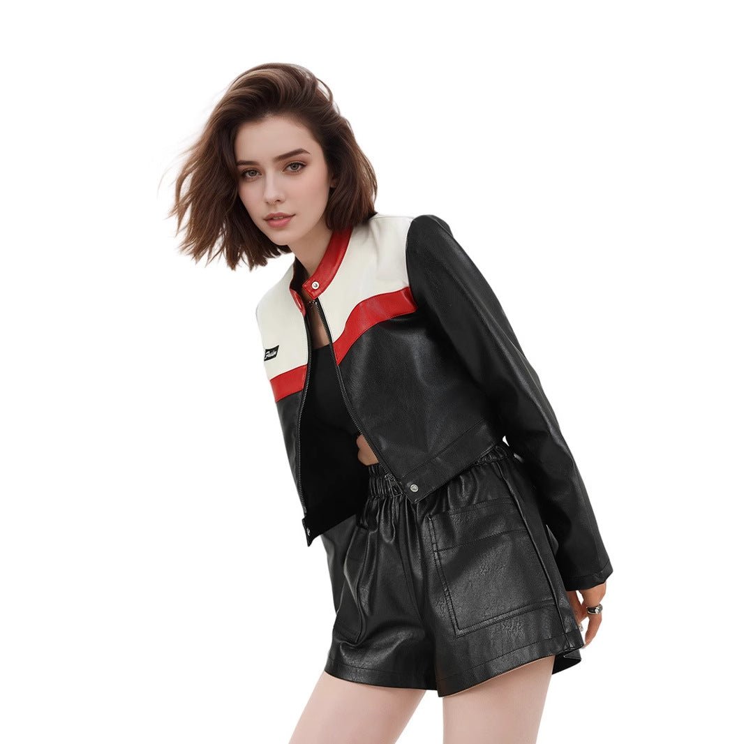 Women’s Red PU Leather Jacket – Short Stand Collar Moto Style | Street Fashion Autumn 2025 - Negative Apparel
