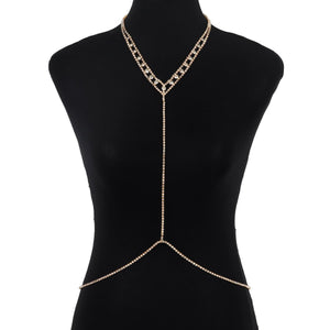 Women’s Rhinestone Body Chain Geometric Chest Jewelry – Gold & Silver Electroplated Crystal Body Necklace - Negative Apparel