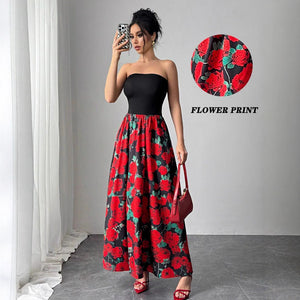 Women's rose print splicing short chest - wrapped sexy dress - Negative Apparel