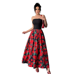 Women's rose print splicing short chest - wrapped sexy dress - Negative Apparel