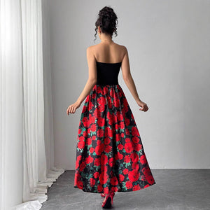 Women's rose print splicing short chest - wrapped sexy dress - Negative Apparel