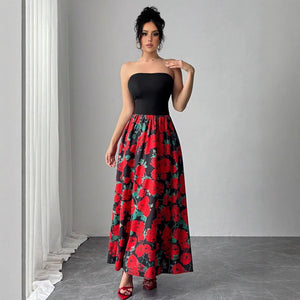 Women's rose print splicing short chest - wrapped sexy dress - Negative Apparel