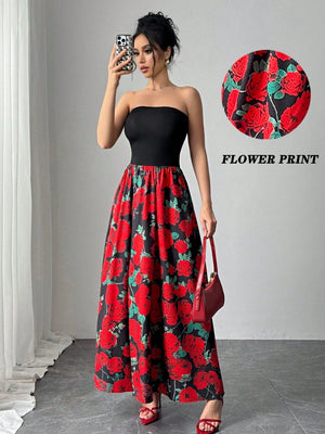 Women's rose print splicing short chest - wrapped sexy dress - Negative Apparel