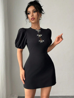 Women's round neck hollow crystal bow bubble sleeve waist dress - Negative Apparel