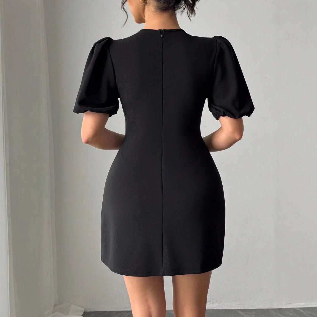 Women's round neck hollow crystal bow bubble sleeve waist dress - Negative Apparel