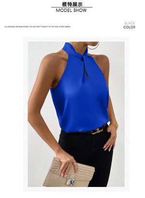 Women's Satin Halter Sleeveless Vest Satin Simulation Silk Top - Negative Apparel
