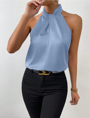 Women's Satin Halter Sleeveless Vest Satin Simulation Silk Top - Negative Apparel