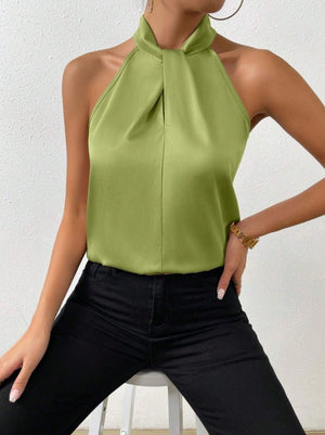 Women's Satin Halter Sleeveless Vest Satin Simulation Silk Top - Negative Apparel