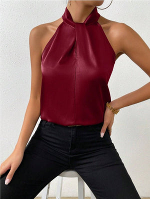Women's Satin Halter Sleeveless Vest Satin Simulation Silk Top - Negative Apparel