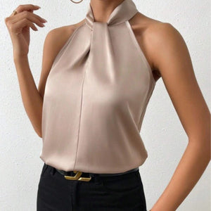 Women's Satin Halter Sleeveless Vest Satin Simulation Silk Top - Negative Apparel