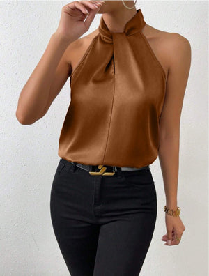 Women's Satin Halter Sleeveless Vest Satin Simulation Silk Top - Negative Apparel