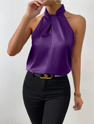 Women's Satin Halter Sleeveless Vest Satin Simulation Silk Top - Negative Apparel