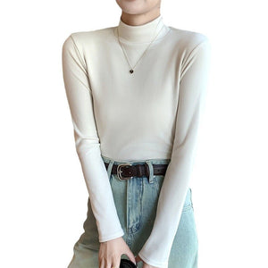 Women’s Semi - Turtleneck Double - Sided German Velvet Top – Thick Warm Long Sleeve Bottoming Shirt, Solid Color Slim Fit Pullover - Negative Apparel