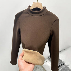 Women’s Semi - Turtleneck Knitted Fleece Top – Slim Fit Thermal Long Sleeve Bottoming Shirt, Warm Inner Pullover for Autumn Winter - Negative Apparel