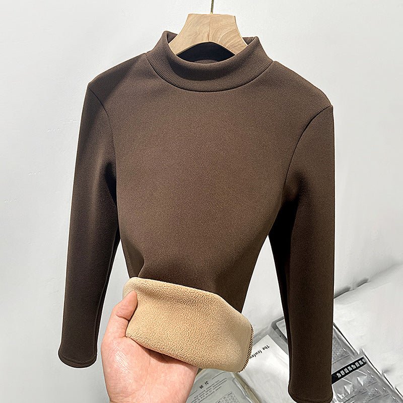 Women’s Semi - Turtleneck Knitted Fleece Top – Slim Fit Thermal Long Sleeve Bottoming Shirt, Warm Inner Pullover for Autumn Winter - Negative Apparel