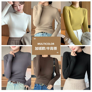 Women’s Semi - Turtleneck Knitted Fleece Top – Slim Fit Thermal Long Sleeve Bottoming Shirt, Warm Inner Pullover for Autumn Winter - Negative Apparel