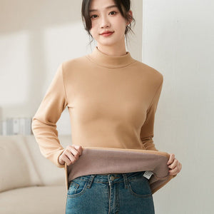 Women’s Semi - Turtleneck Velvet Slim Top – High - Stretch German Velvet Long Sleeve Shirt, Sweet Girl Style Winter 2025 - Negative Apparel