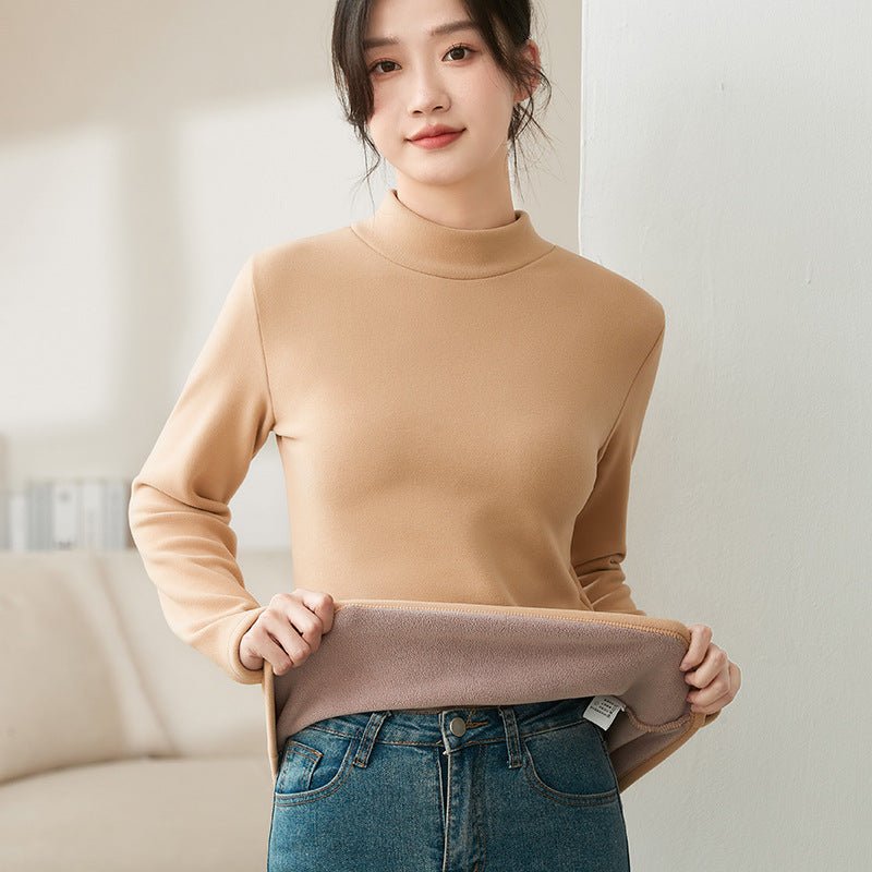 Women’s Semi - Turtleneck Velvet Slim Top – High - Stretch German Velvet Long Sleeve Shirt, Sweet Girl Style Winter 2025 - Negative Apparel