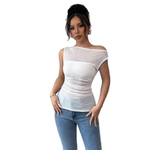 Women's sequins decorative pleats oblique collar pleats hem T-shirt - Negative Apparel