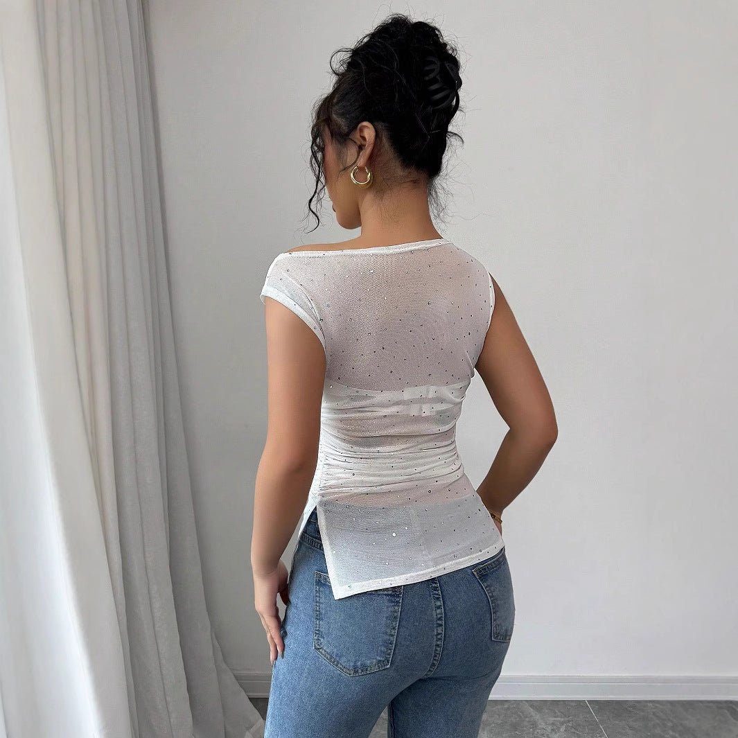 Women's sequins decorative pleats oblique collar pleats hem T-shirt - Negative Apparel