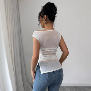 Women's sequins decorative pleats oblique collar pleats hem T-shirt - Negative Apparel