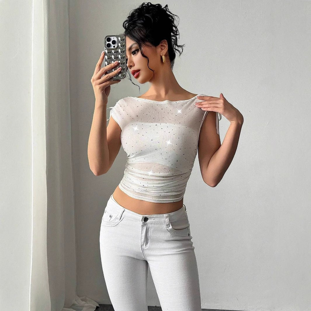 Women's sequins mesh off - the - shoulder bow pleated T-shirt top - Negative Apparel