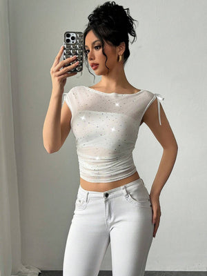 Women's sequins mesh off - the - shoulder bow pleated T-shirt top - Negative Apparel