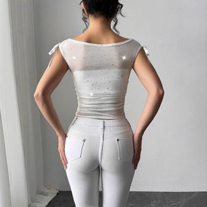 Women's sequins mesh off - the - shoulder bow pleated T-shirt top - Negative Apparel