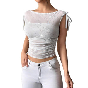Women's sequins mesh off - the - shoulder bow pleated T-shirt top - Negative Apparel