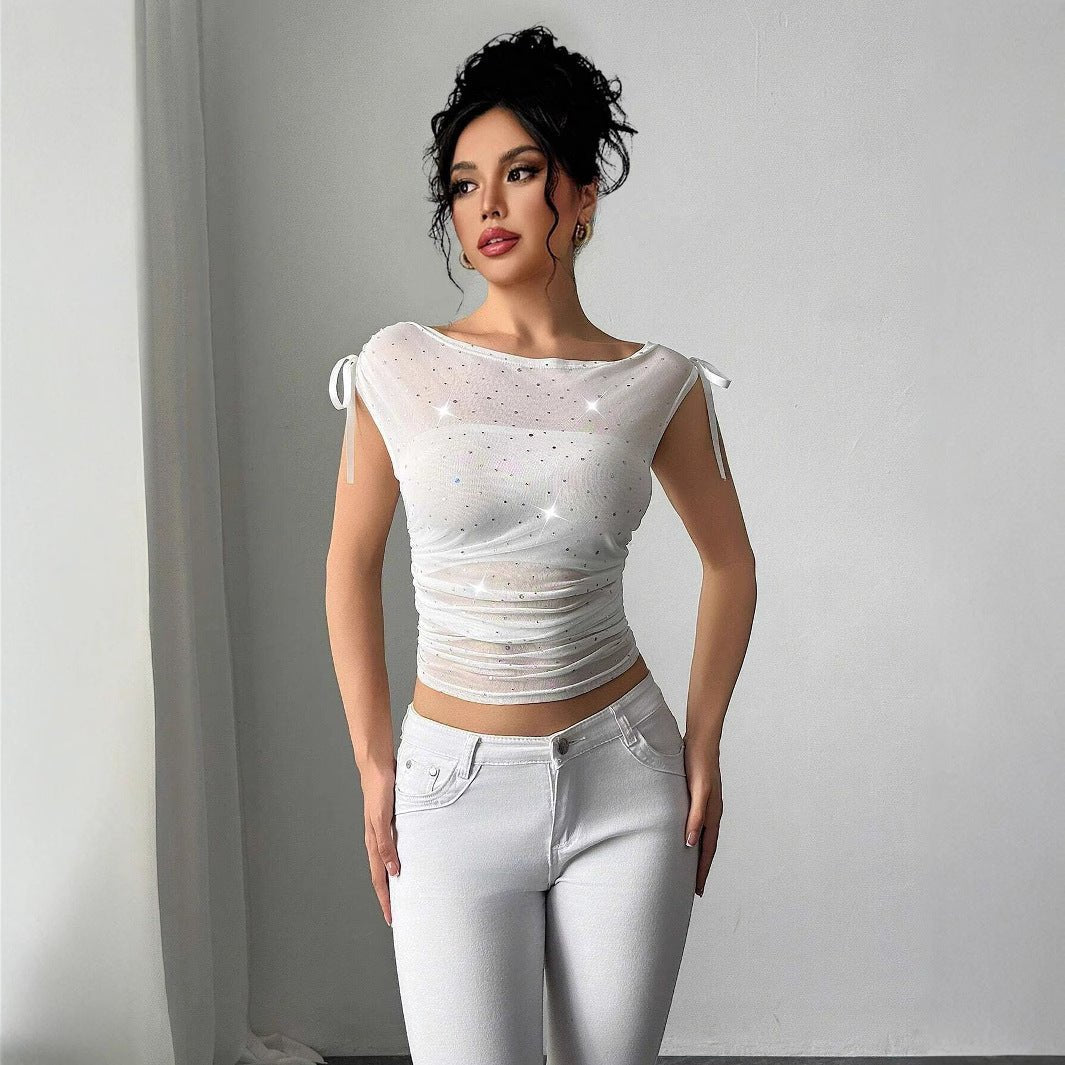 Women's sequins mesh off - the - shoulder bow pleated T-shirt top - Negative Apparel