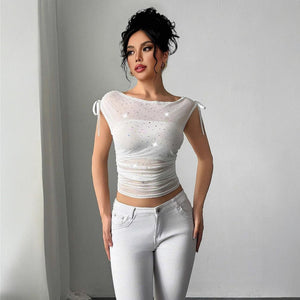 Women's sequins mesh off - the - shoulder bow pleated T-shirt top - Negative Apparel