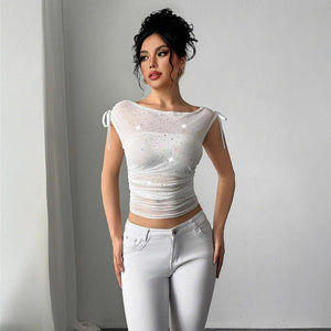 Women's sequins mesh off - the - shoulder bow pleated T-shirt top - Negative Apparel