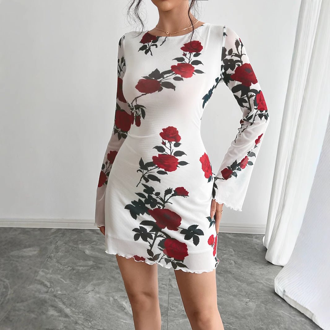 Women's sexy floral backless mesh horn sleeve mini dress - Negative Apparel