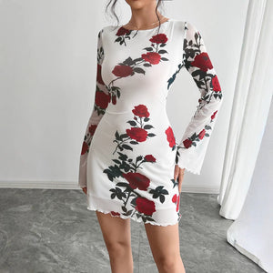Women's sexy floral backless mesh horn sleeve mini dress - Negative Apparel