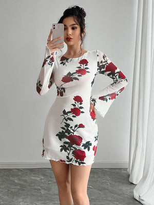 Women's sexy floral backless mesh horn sleeve mini dress - Negative Apparel