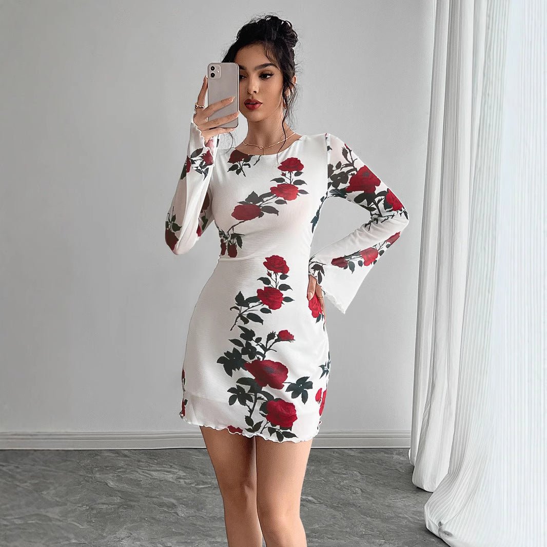 Women's sexy floral backless mesh horn sleeve mini dress - Negative Apparel
