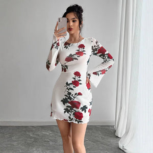 Women's sexy floral backless mesh horn sleeve mini dress - Negative Apparel
