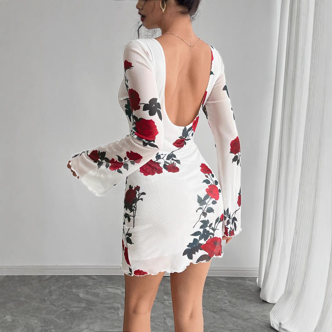 Women's sexy floral backless mesh horn sleeve mini dress - Negative Apparel