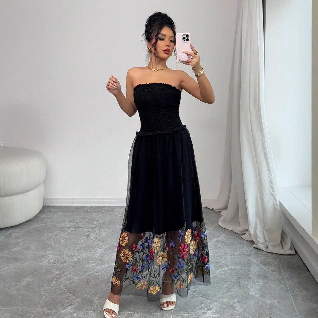 Women's sexy flower embroidered tube top dress, casual and simple - Negative Apparel