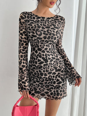 Women's sexy leopard print halter horn sleeve mesh dress - Negative Apparel